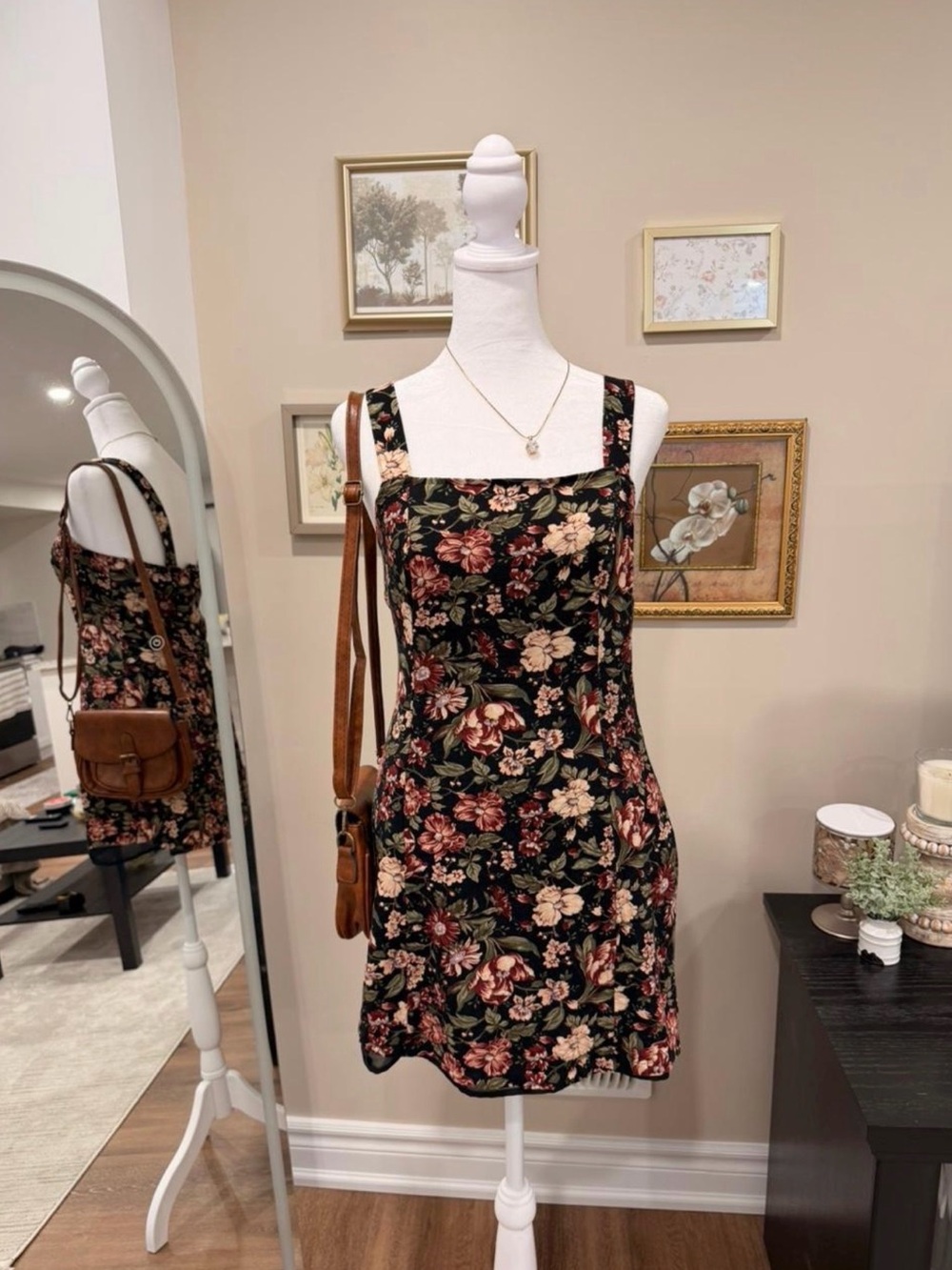 American Eagle Outfitters Black Floral Square-Neck Mini Dress
